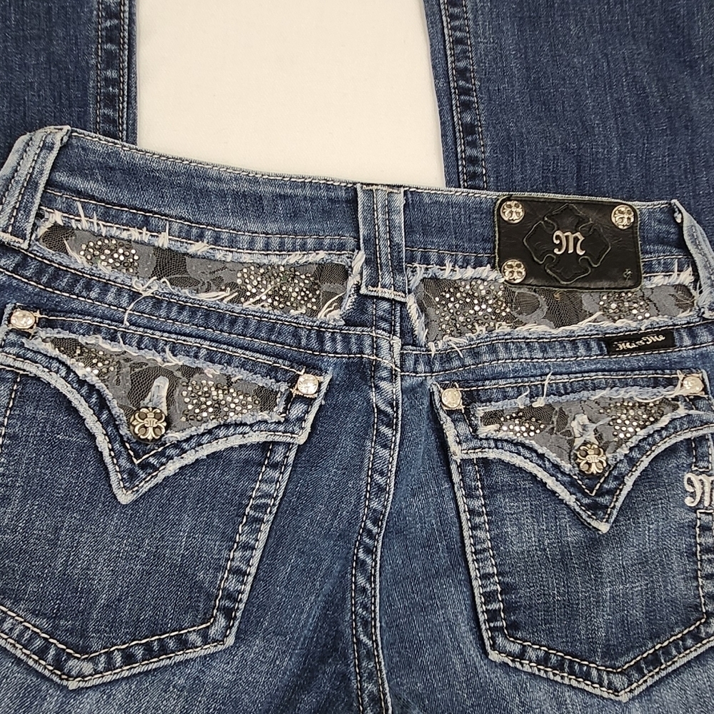 Miss Me Medium Wash Boot Cut Denim Jeans Black lace And Jewel Embellishments - Picture 6 of 13